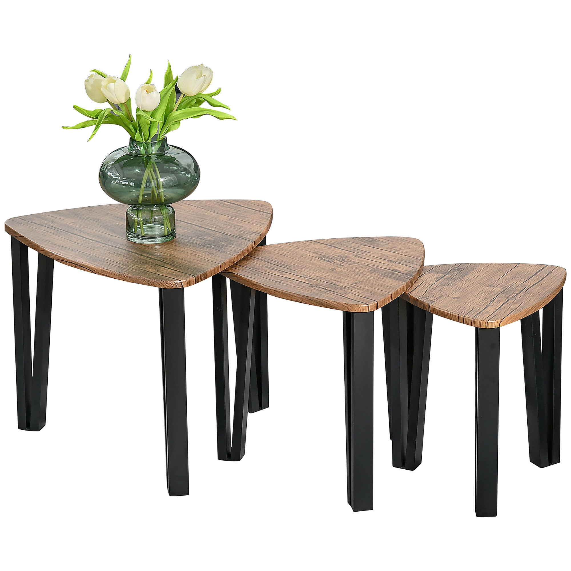 HOMCOM Nest of Tables, Coffee Table Set of 3, Triangle Nesting Tables with Metal Legs, Industrial End Side Table for Living Room, Walnut Wood Grain 