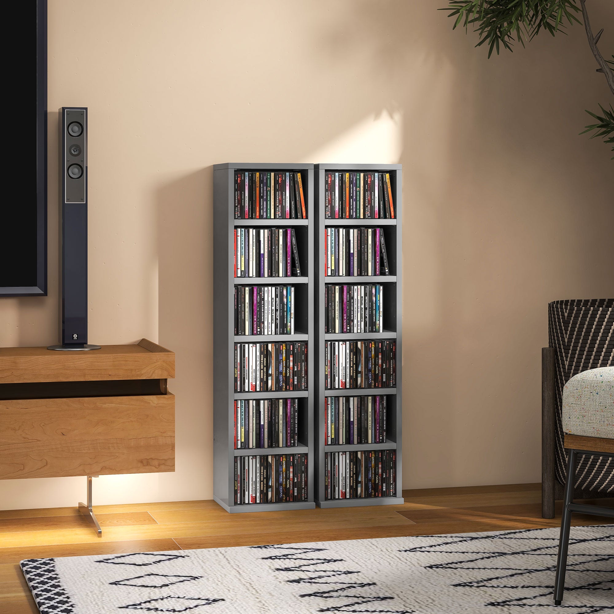 HOMCOM Set of 2 CD Media Display Shelf Unit Tower Rack with Adjustable Shelves, High Gloss Grey 