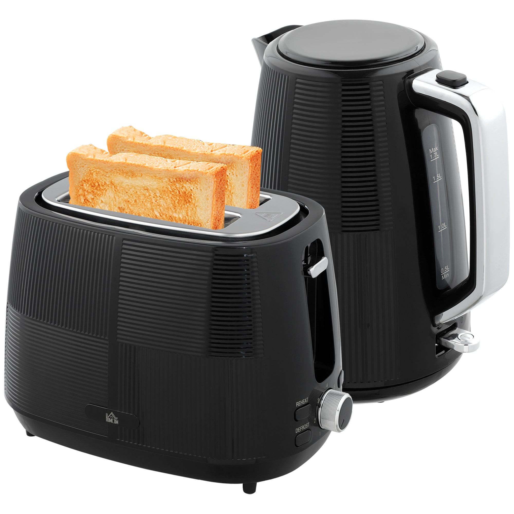 HOMCOM Kettle and Toaster Set, 1.7L 3000W Fast Boil Kettle & 2 Slice Toaster Kitchen Set with 7 Level Browning Controls, Defrost, Reheat, Boil-dry Protection, Black