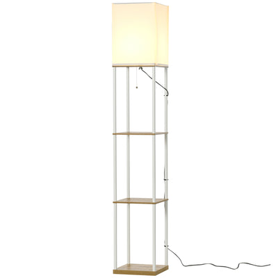 HOMCOM Modern Floor Lamp with Shelves, 3 Layer Shelf Tall Standing Lamp with Fabric Lampshade, Pull Chain Switch for Living Room, Bedroom, Bulb not Included, White 