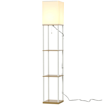 HOMCOM Modern Floor Lamp with Shelves, 3 Layer Shelf Tall Standing Lamp with Fabric Lampshade, Pull Chain Switch for Living Room, Bedroom, Bulb not Included, White