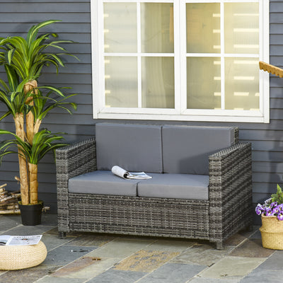 Outsunny 2 Seater Garden Furniture, Rattan Sofa with Soft Padded Cushion and Armrests, Wicker Garden Loveseat for Patio, Mixed Grey 