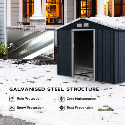 Outsunny 9 x 6ft Metal Garden Shed, Outdoor Storage Tool House with Ventilation Slots, Foundation Kit and Lockable Double Doors, Dark Grey 