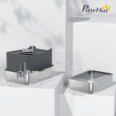 PawHut Stainless Steel Cat Litter Tray, Extra Large Enclosed Litter Box with Scoop, Top Entrance, Non-slip Pads, Dark Grey 