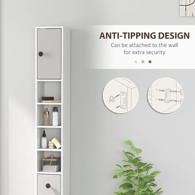kleankin 180cm Slim Bathroom Cabinet, with Drawer, Shelves and Cupboards - Light Grey 