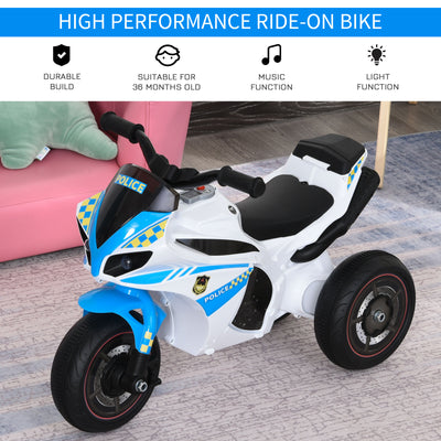 HOMCOM Kids Ride-On Police Bike 3-Wheel Vehicle w/ Music Lights Safe Seat Handlebars Toddler NO POWER Child Learning Fun Development 18-36 Months Blue 