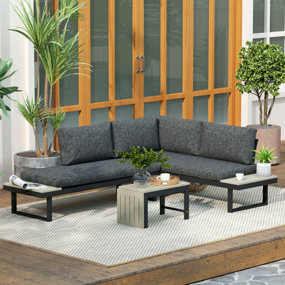 Outsunny 4 Seater L Shaped Aluminium Sectional Garden Furniture Set with 2 Loveseats and Wood-Plastic Coffee Table - Dark Grey 