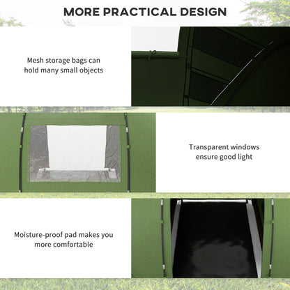 Outsunny 4-6 Man Camping Tent w/ Two Bedroom, Hiking Sun Shelter, UV Protection Tunnel Tent, Dark Green 