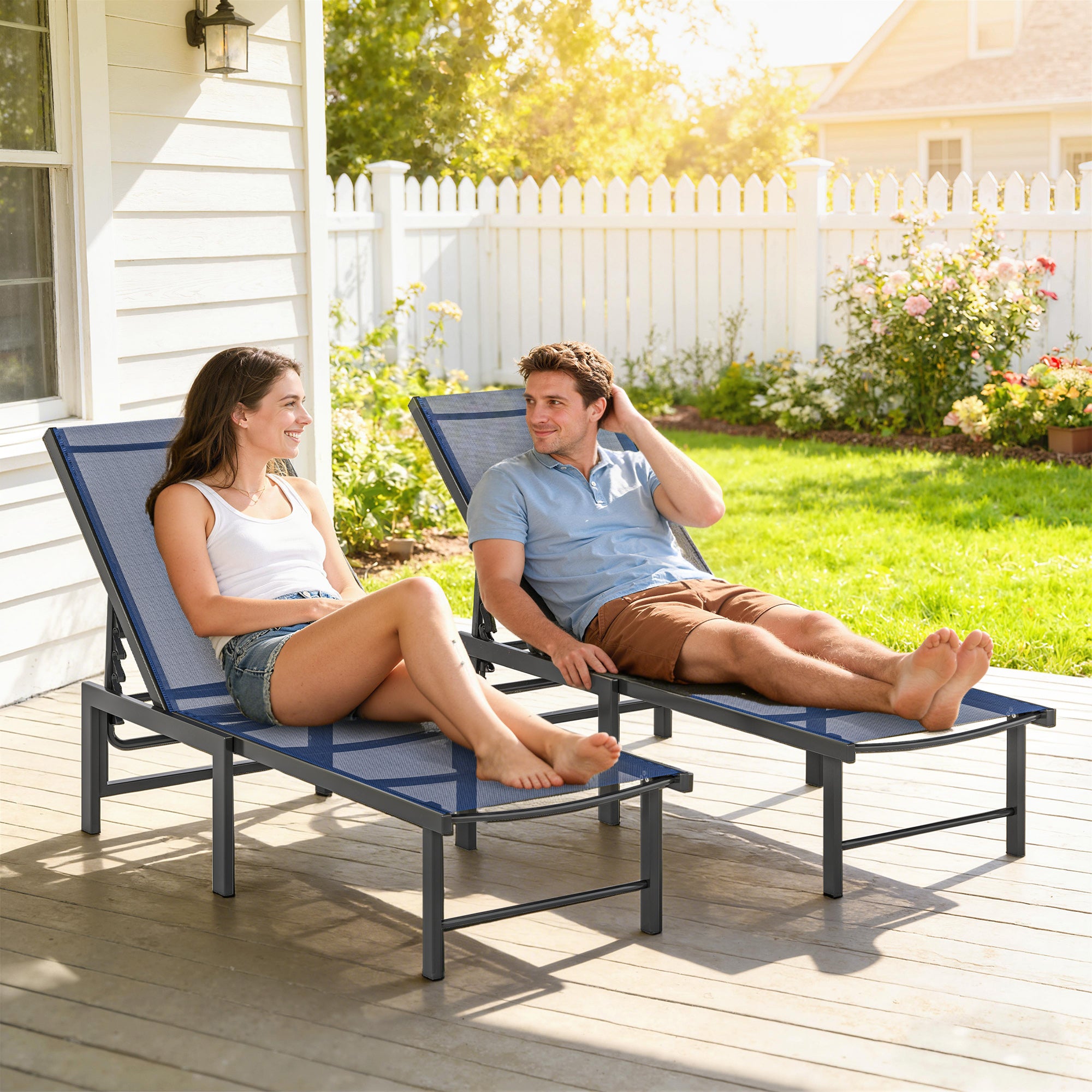 Outsunny Set of Two Reclining Sun Loungers - Dark Blue 