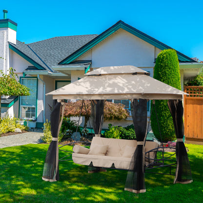 Outsunny 3 Seater Swing Chair 3-in-1 Convertible Garden Swing Seat Bed Gazebo Patio Bench Outdoor with Double Tier Canopy, Cushioned Seat, Mesh Sidewalls, Beige 