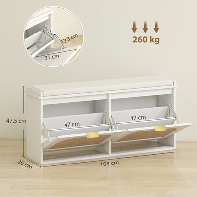 HOMCOM Boho Shoe Bench with Padded Seat and 2 Flip-Drawers - White 