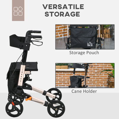 HOMCOM 4 Wheel Rollator with Seat and Back, Folding Mobility Walker with Carry Bag, Adjustable Height, Dual Brakes, Cane Holder, Lightweight Aluminium Walking Frame for Seniors and Disabled, Gold Tone 