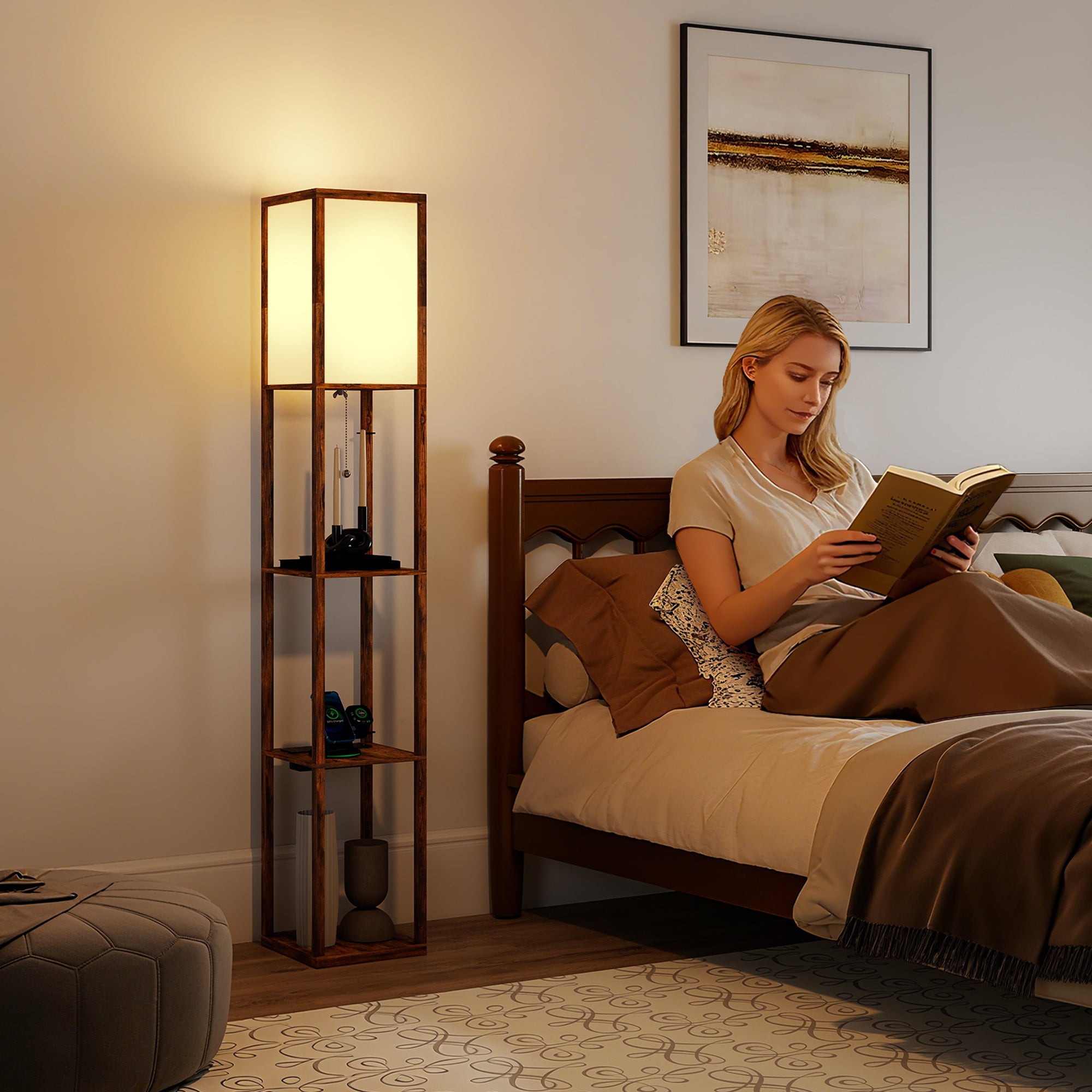 HOMCOM Floor Lamp with Shelves, 4 Layer Standing Lamp with USB Ports, 3 Colour Temperature, Rustic Brown 
