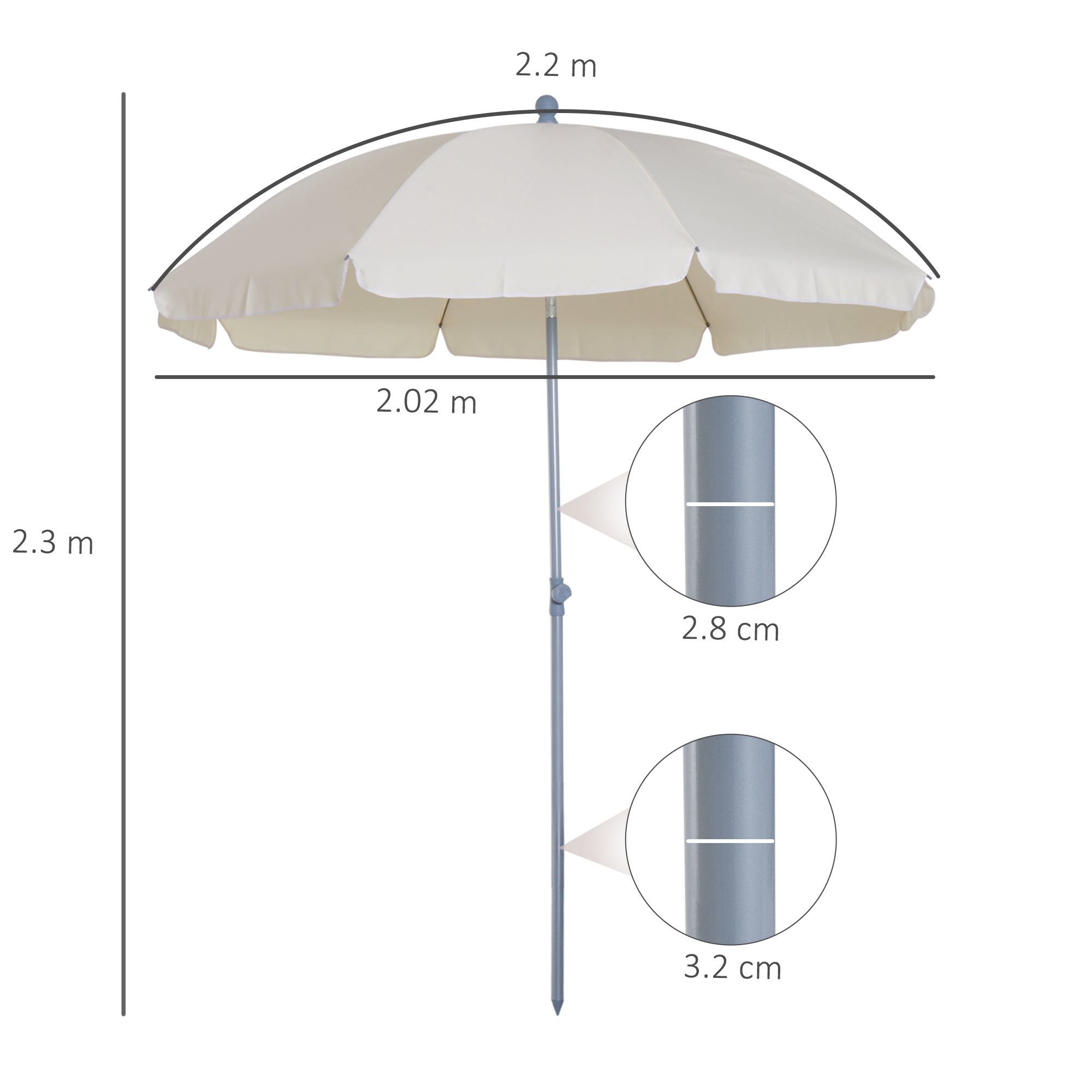 Outsunny 2.2m Beach Umbrella, Portable Parasol with Tilting Function, Outdoor Sunshade Shelter with 8 Ribs, Cream White 