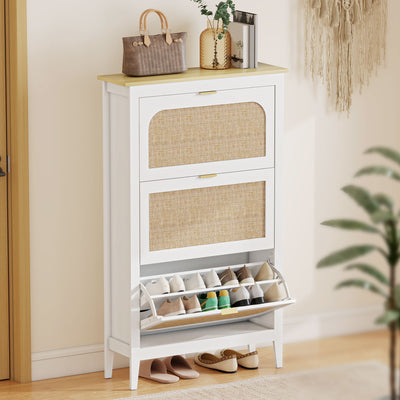 HOMCOM Narrow Shoe Cabinet, Boho Slim Shoe Storage Cabinet with 3 Flip Drawers, Holds 21 Pairs, White