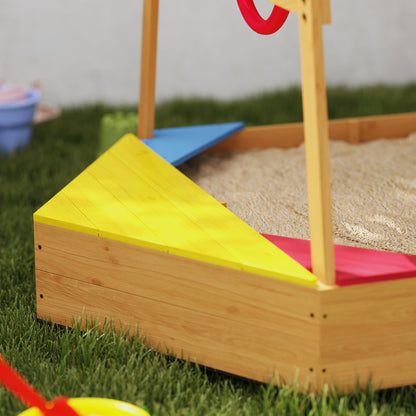AIYAPLAY Wooden Kids Sandpit Boat Style with Canopy, 4 Seats, Rudder, Bottom Liner, for Children 3-8 Years, Yellow 