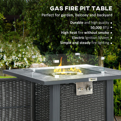 Outsunny Outdoor PE Rattan Gas Fire Pit Table, Patio Square Propane Heater with Marble Desktop, Rain Cover, Glass Windscreen, and Glass Stones, 50,000 BTU, Black 