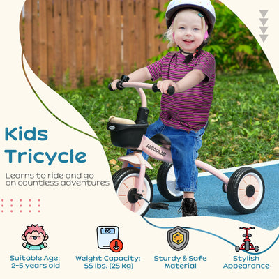 AIYAPLAY Kids Trike, Tricycle, with Adjustable Seat, Basket, Bell, for Ages 2-5 Years - Pink 