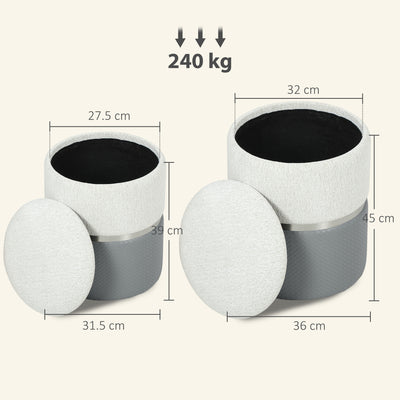 HOMCOM Nesting Round Ottoman with Storage Set of 2 - Cream/Grey 