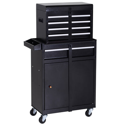 DURHAND Tool Chest 2 in 1 Metal Tool Cabinet Storage Box with 5 Drawers Pegboard Wheels 60x28x104.5cm Black 