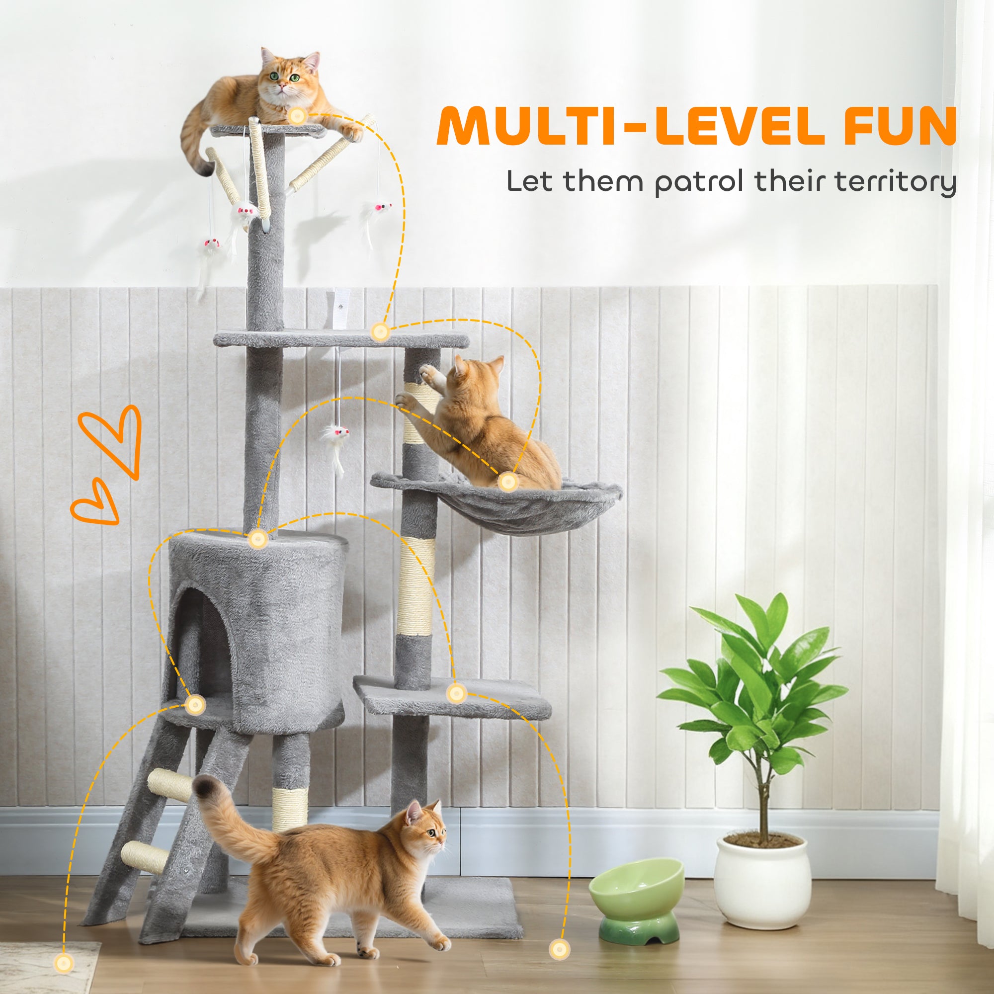 PawHut Multi-Level Cat Tower, 134cm Cat Tree with Condo and Sisal Scratching Posts for Indoor Kittens, Grey 