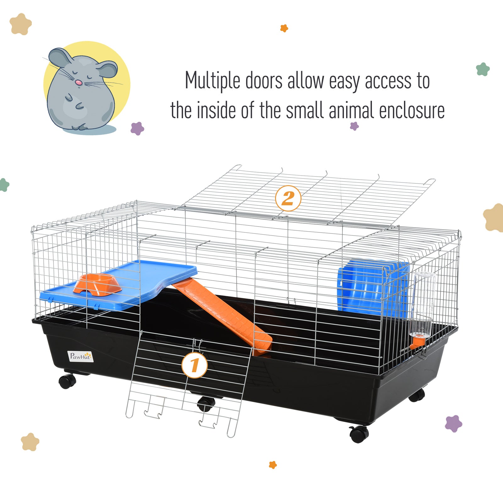 PawHut Small Animal Cage Rabbit Guinea Pigs Chinchillas Cage w/ Wheels Water Bottle Food Dish Platform Ramp 119 x 59 x 50 cm Black 