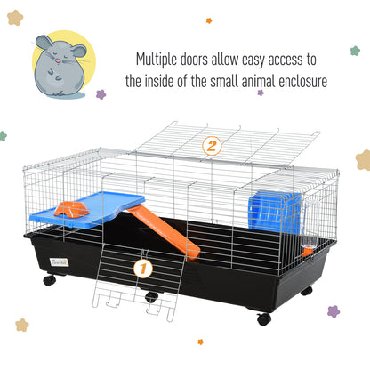 PawHut Small Animal Cage Rabbit Guinea Pigs Chinchillas Cage w/ Wheels Water Bottle Food Dish Platform Ramp 119 x 59 x 50 cm Black 