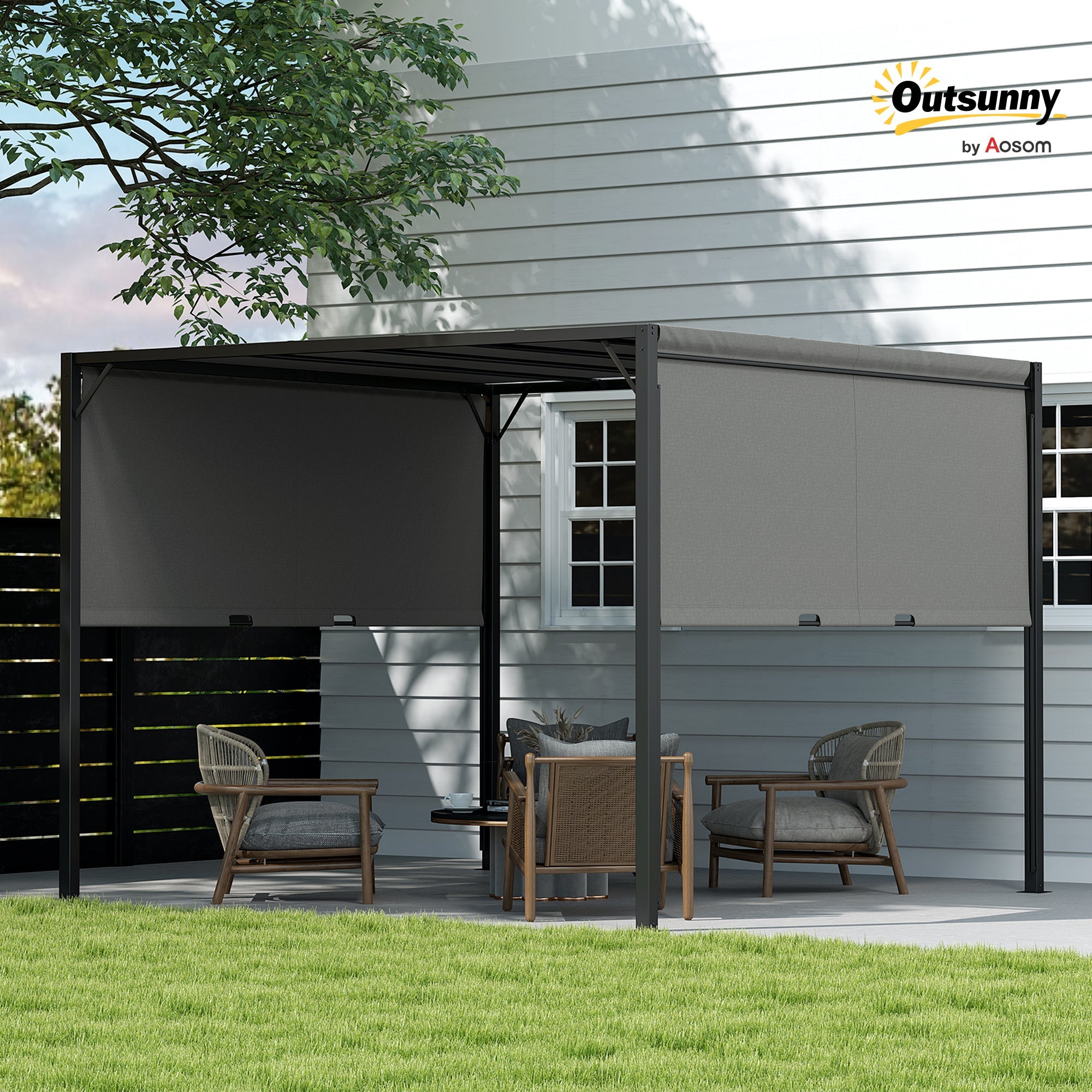 Outsunny 3 X 3 Meters Pergola with Retractable Roof, Garden Gazebo with Adjustable Sun Shade Canopy and Steel Frame, Charcoal Grey 