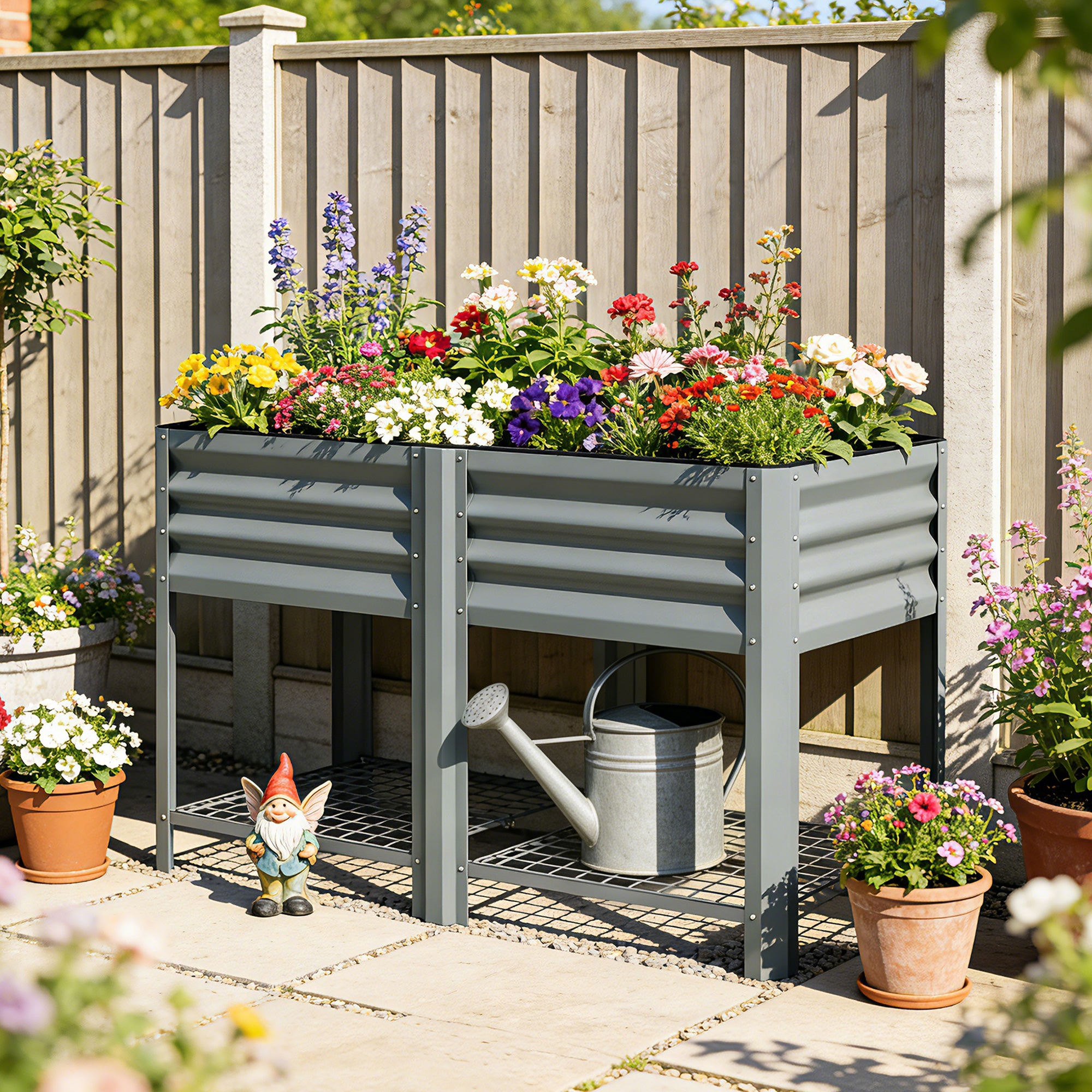 Outsunny Raised Garden Bed with Storage Shelf Steel Elevated Planter Box with Legs for Outdoor Vegetables Flowers 