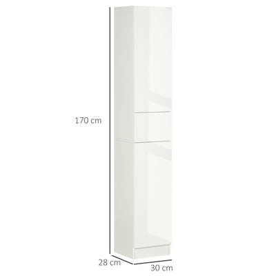 kleankin Tall Bathroom Cabinet with Adjustable Shelves, High Gloss Storage Cupboard, Freestanding Tallboy with Storage Drawer, White 