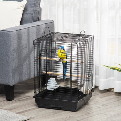 PawHut Steel Bird Cage with Openable Top, Stand, Tray, Handles, Feeding Bowls for Parakeet, Finch - Black 