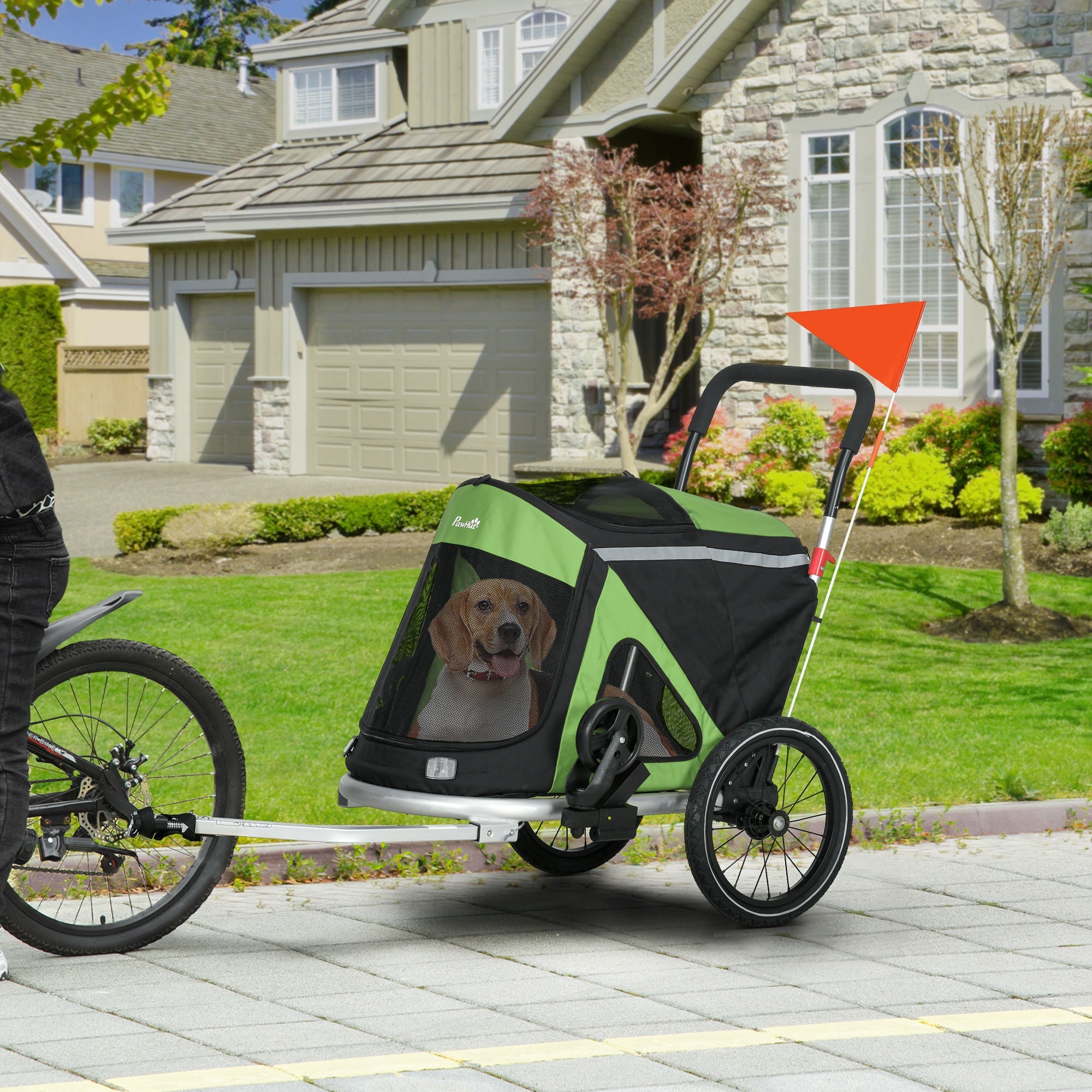 PawHut 2 in 1 Aluminium Foldable Dog Bike Trailer, Pet Stroller, for Medium Dogs - Green 