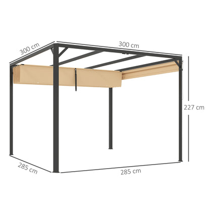 Outsunny 3 x 3m Aluminium Pergola, with Retractable Roof and Wall - Khaki 