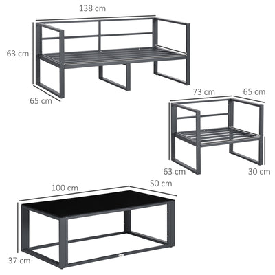 Outsunny 4 Pieces Garden Sofa Set 2 Single Armchair 1 Bench & Side Table Set Aluminium Frame Patio Furniture with Cushions Grey 
