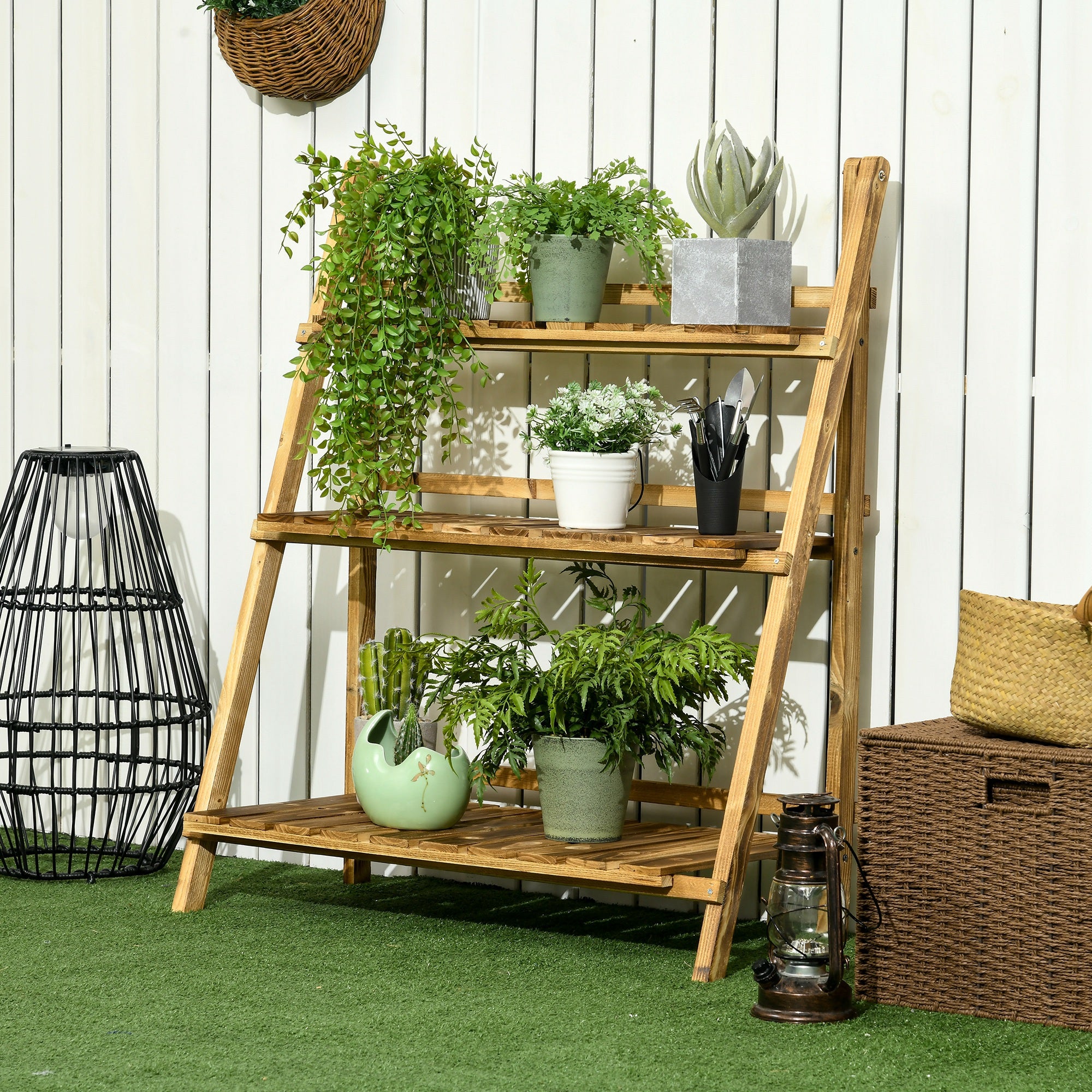 Outsunny Wooden Folding Flower Pot Stand 3 Tier Garden Planter Display Ladder Gardener Storage Shelves Rack Herb Holder (80L x 37W x 93H cm) 
