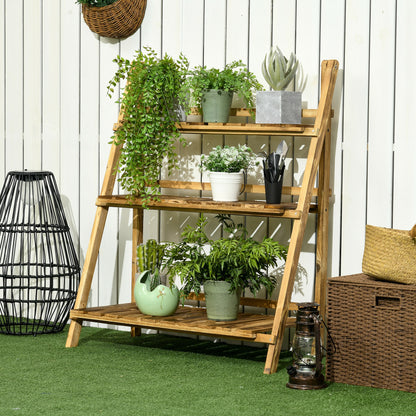 Outsunny Wooden Folding Flower Pot Stand 3 Tier Garden Planter Display Ladder Gardener Storage Shelves Rack Herb Holder (80L x 37W x 93H cm) 