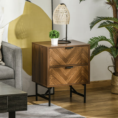 HOMCOM Bedside Table Set of 2 with 2 Drawers, Modern Side Tables with Herringbone Pattern and Metal Legs for Bedroom, Living Room, Walnut Brown 