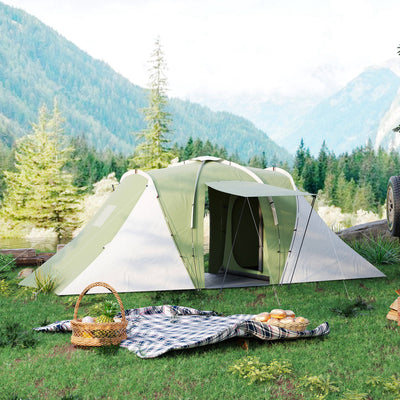 Outsunny Large Camping Tent Tunnel Tent with 2 Bedroom and Living Area, 2000mm Waterproof, Portable with Bag for 4-6 Man, Green 