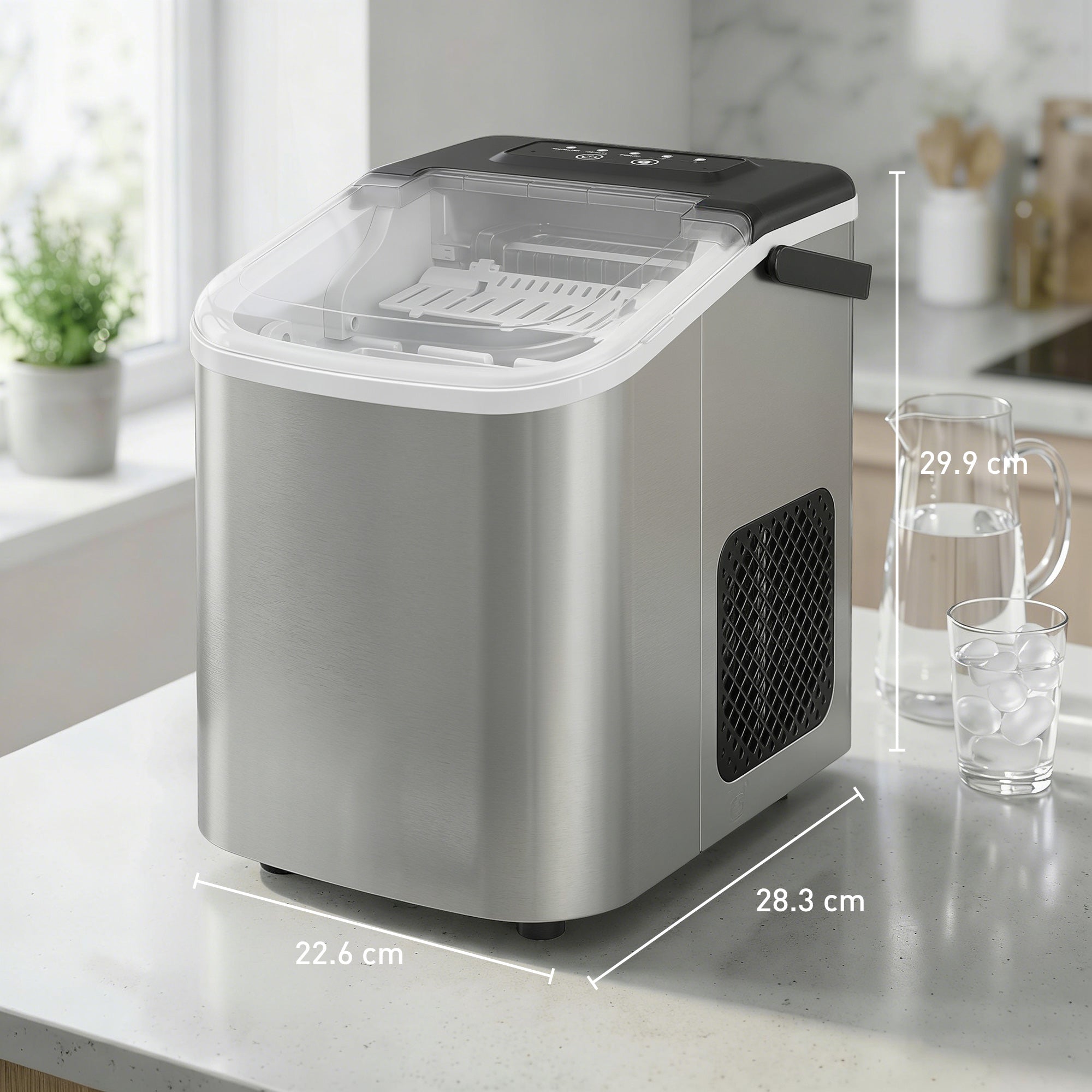 HOMCOM Ice Maker Machine Countertop, 9 Cubes Ready in 7 Mins, 12 KG in 24Hrs, 2 Sizes of Bullet, Self-Cleaning Ice Machine with Portable Handle, Scoop and Basket for Home Kitchen Office RV 