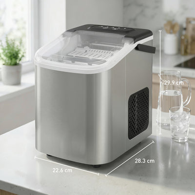 HOMCOM Ice Maker Machine Countertop, 9 Cubes Ready in 7 Mins, 12 KG in 24Hrs, 2 Sizes of Bullet, Self-Cleaning Ice Machine with Portable Handle, Scoop and Basket for Home Kitchen Office RV 