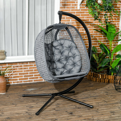 Outsunny Outdoor Swing Chair with Thick Padded Cushion, Patio Hanging Chair with Metal Stand, Egg Chair with Foldable Basket, Cup Holder, for Indoor and Outdoor, Dark Grey 