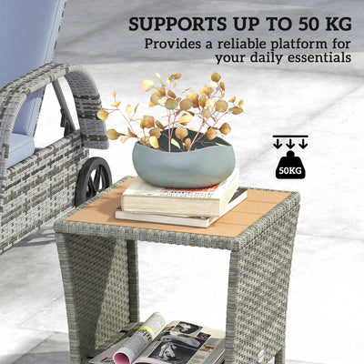 Outsunny Side Table 2-Tier Outdoor Coffee Table with Storage Shelf PS Wood Slat Top/Light Grey 