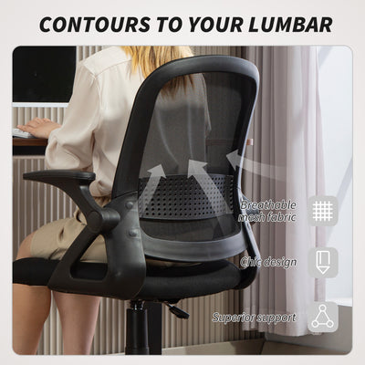 HOMCOM Breathable Mesh Office Chair, Ergonomic Swivel Computer Chair with Flip-up Armrests, Lumbar Back Support for Home/Office, Black 