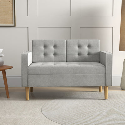HOMCOM Modern 2 Seater Sofa with Hidden Storage, 117cm Tufted Cotton Couch with Wood Legs, Compact Loveseat for Living Room, Kitchen, Light Grey 