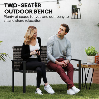 Outsunny 2 Seater Rattan Garden Bench, Outdoor Bench with Quick-Drying Cotton Padding, Wicker Garden Loveseat with Armrests, Steel Frame for Patio, Park, Mixed Grey 