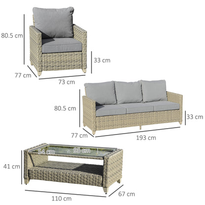 Outsunny 4 Pieces Patio Wicker Sofa Set, Outdoor PE Rattan Sectional Conversation Aluminium Frame Furniture Set w/ Padded Cushion & 2-Tier Tea Table, Brown 