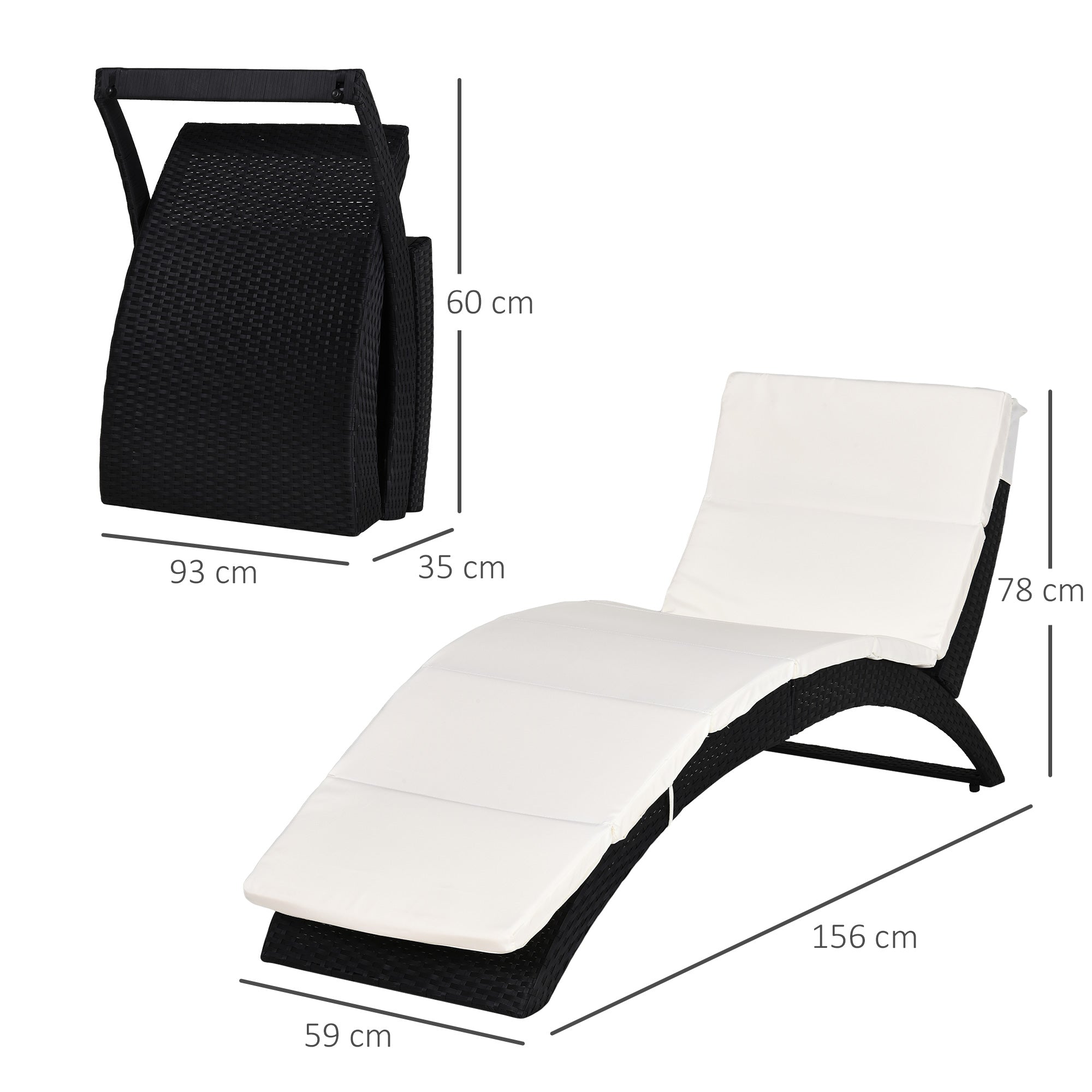 Outsunny Outdoor Foldable PE Rattan Sun Lounger with Soft Padded Cushion, Ergonomic Curved Design Sun Bed for Balcony, Garden, Black 