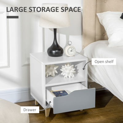 HOMCOM Set of 2 Modern Bedside Tables with Shelves, Drawers and Wood Legs, 36.8cm x 33cm x 43.8cm, White and Grey 