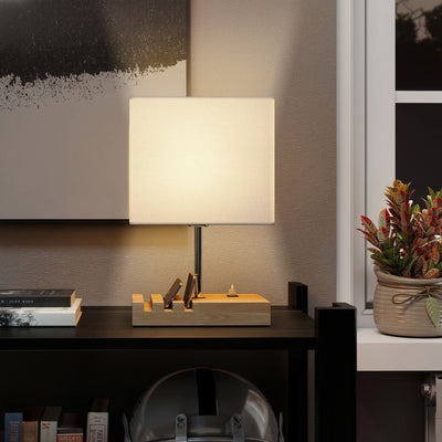HOMCOM Bedside Lamp with USB A+C Charging Ports and 3 Phone Stands, Modern Table Lamp with Solid Wood Base and Fabric Shade for Bedroom Living Room Office, E27 Socket, Bulb Not Included, White 