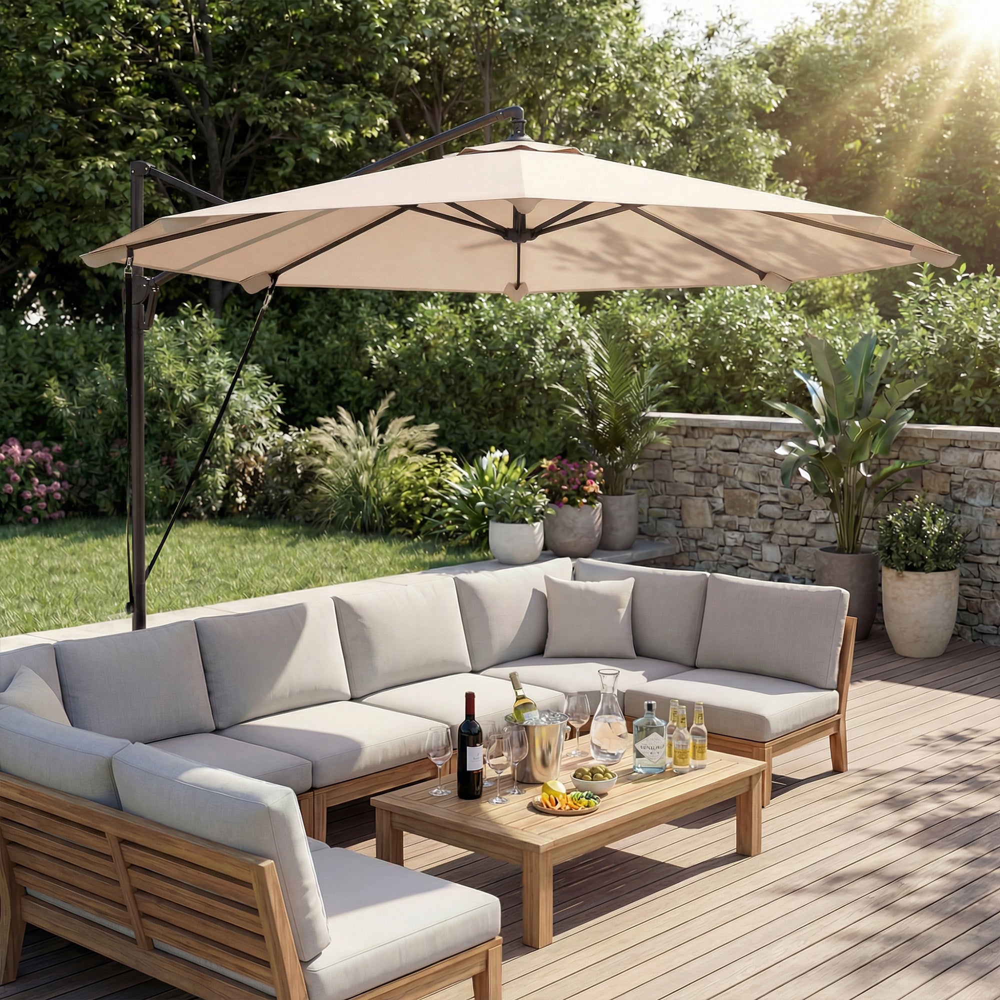 Outsunny 3 m Cantilever Parasol with Protective Cover and Wind Ropes, Banana Parasol with Crank Handle, Khaki 